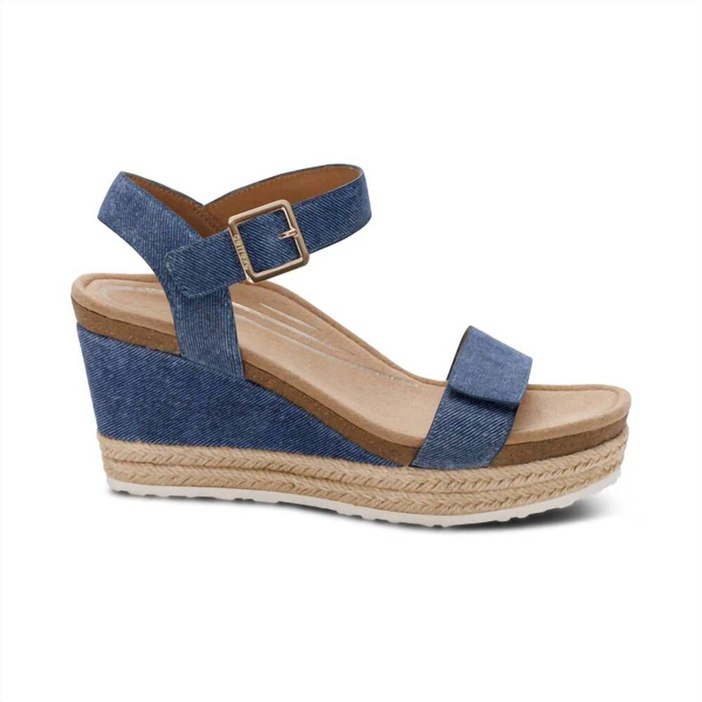 NEW AETREX women's sydney quarter strap espadrille wedge sandals in denim